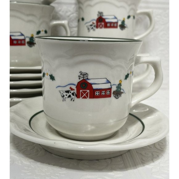 6 Christmas Cups & Saucers PFALTZGRAFF Country Scene with Barn Animals & Farmer - Picture 5 of 10